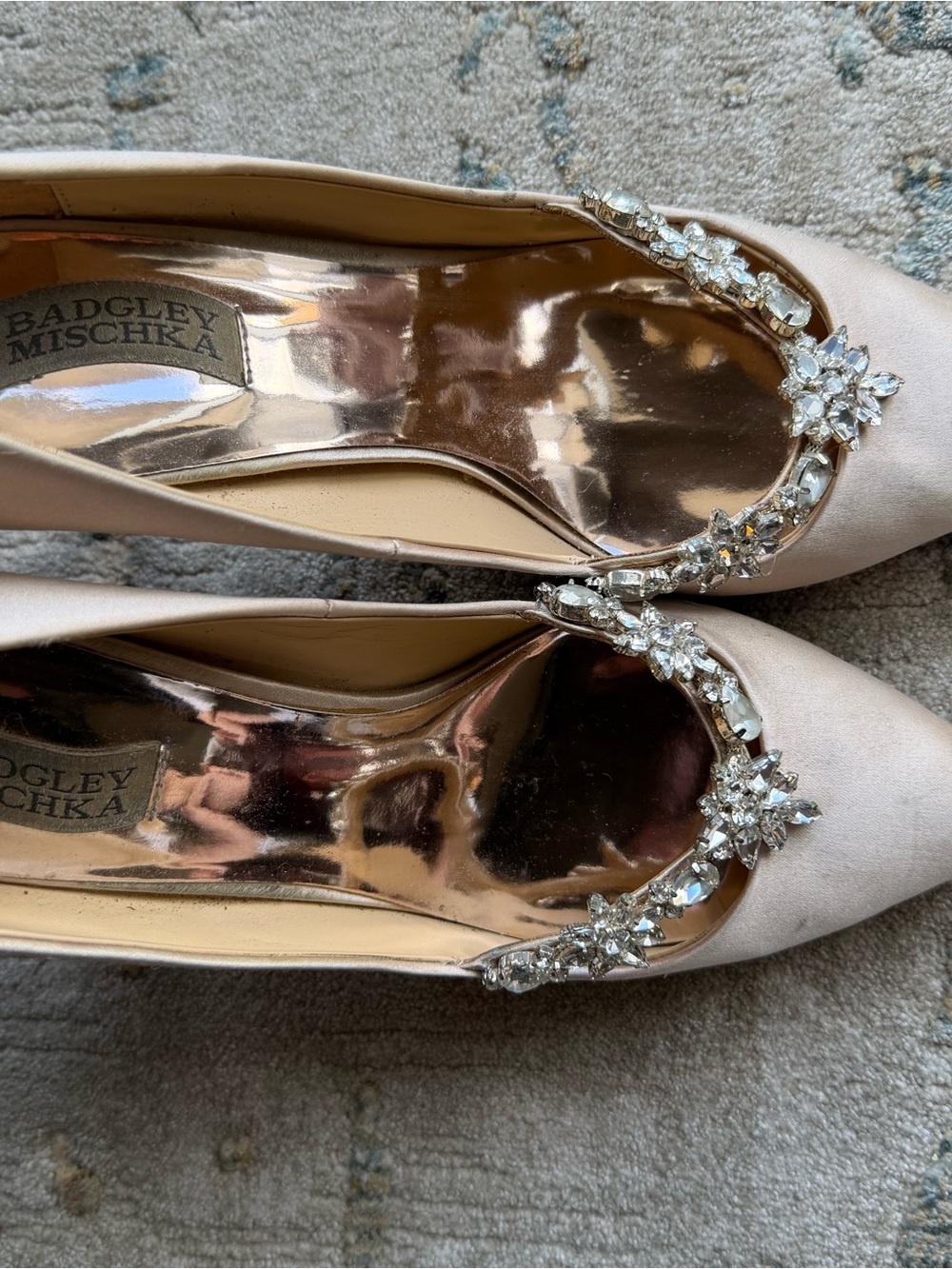 Badgley Mischka Blush Satin Pointed-Toe Heels with Crystal Accent